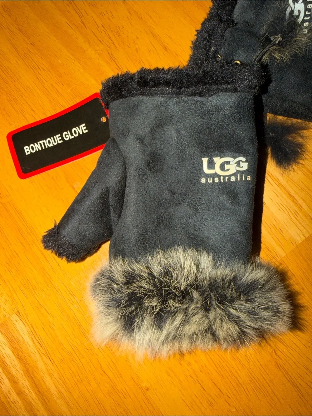 UGG Black Mittens with Faux Fur Trim